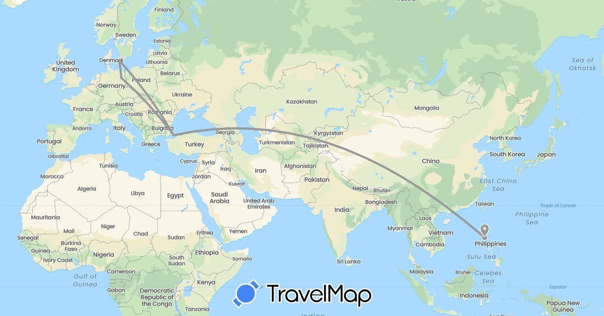 TravelMap itinerary: driving, plane in Germany, Denmark, Philippines, Turkey (Asia, Europe)